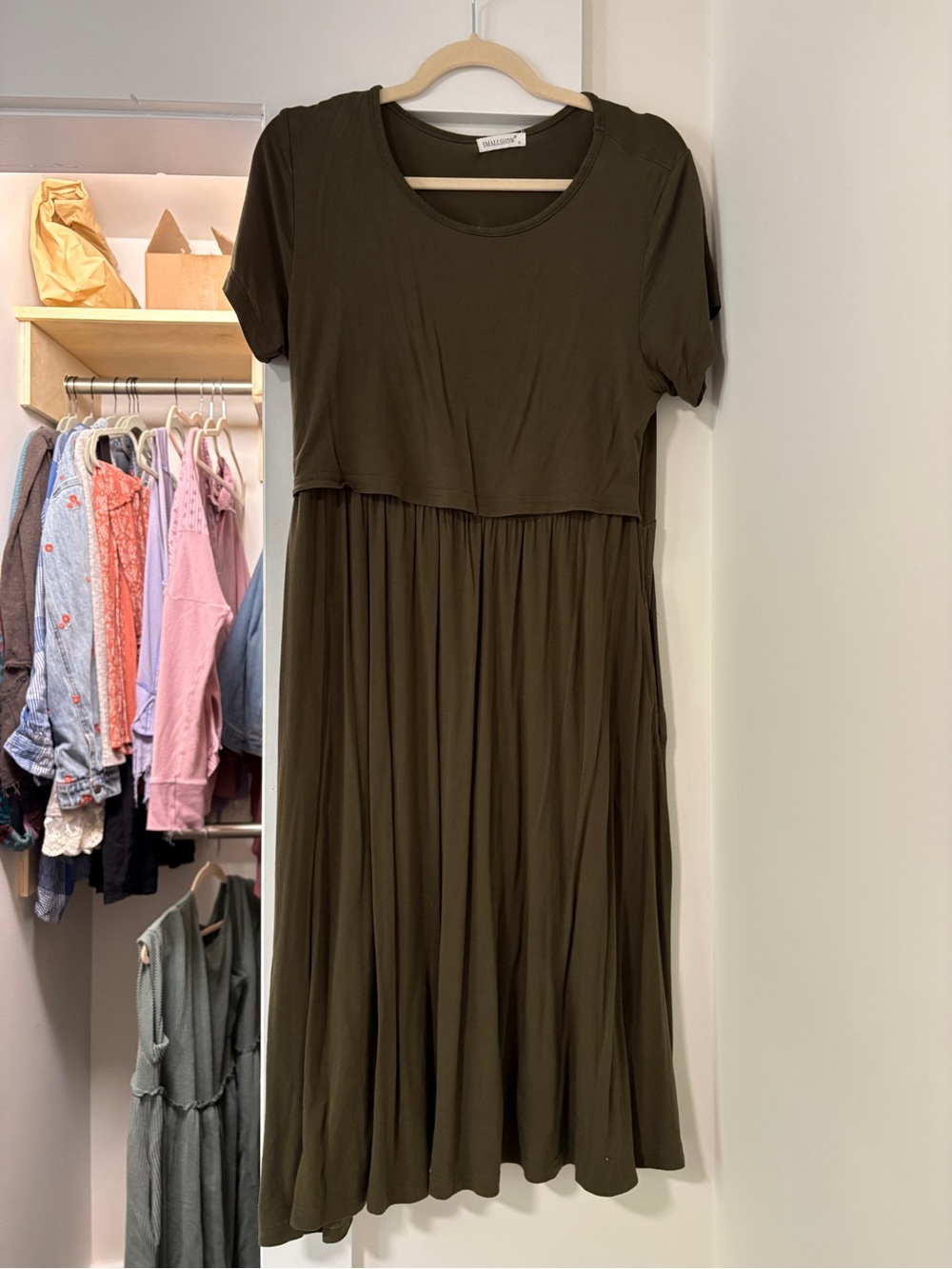 Nursing Olive Green Short Sleeve Midi Dress